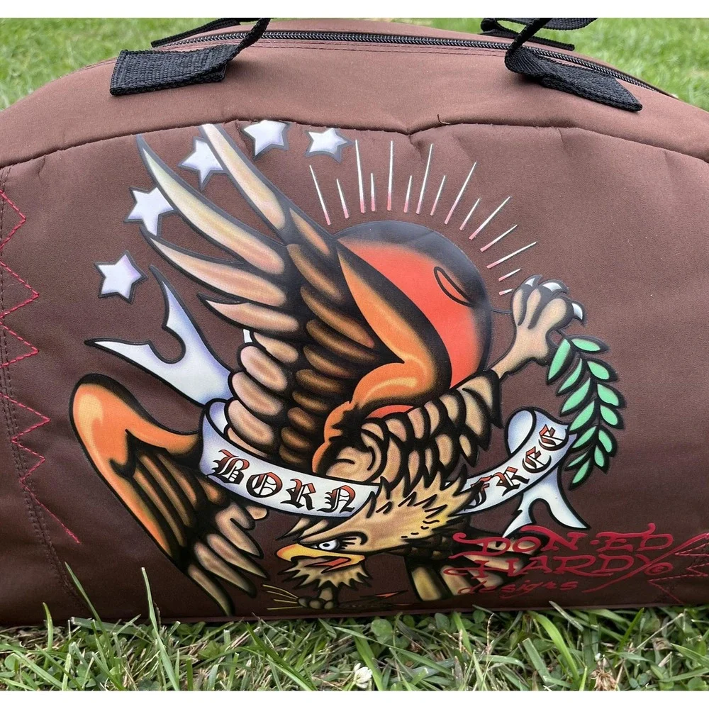 Ed Hardy Born‎ Free Eagle Duffel Gym Bag Brown Tattoo Art Weekender Travel Strap
